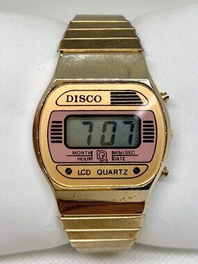 Vintage disco watch digital lcd 32mm gold tone quartz stretch band running